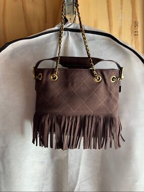 Brown Quilted Fringe Shoulder Bag with Gold Chain Handles